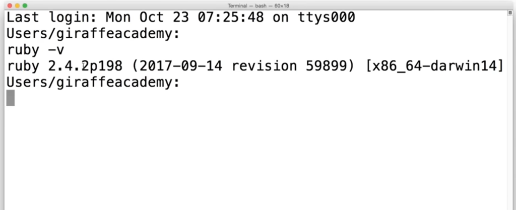 Terminal window displaying Ruby version information on macOS
