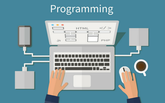 Hands write program code on a computer