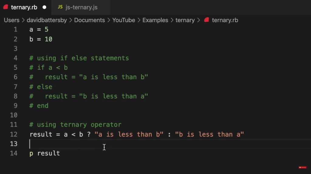 A text editor displays a Ruby script using ternary operators for conditionals