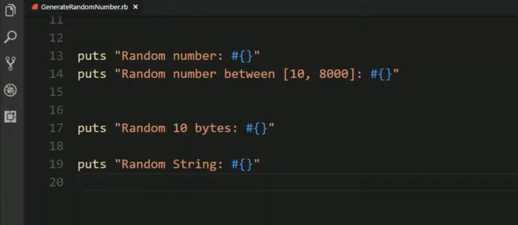 Dark mode IDE with Ruby code snippets to generate random values