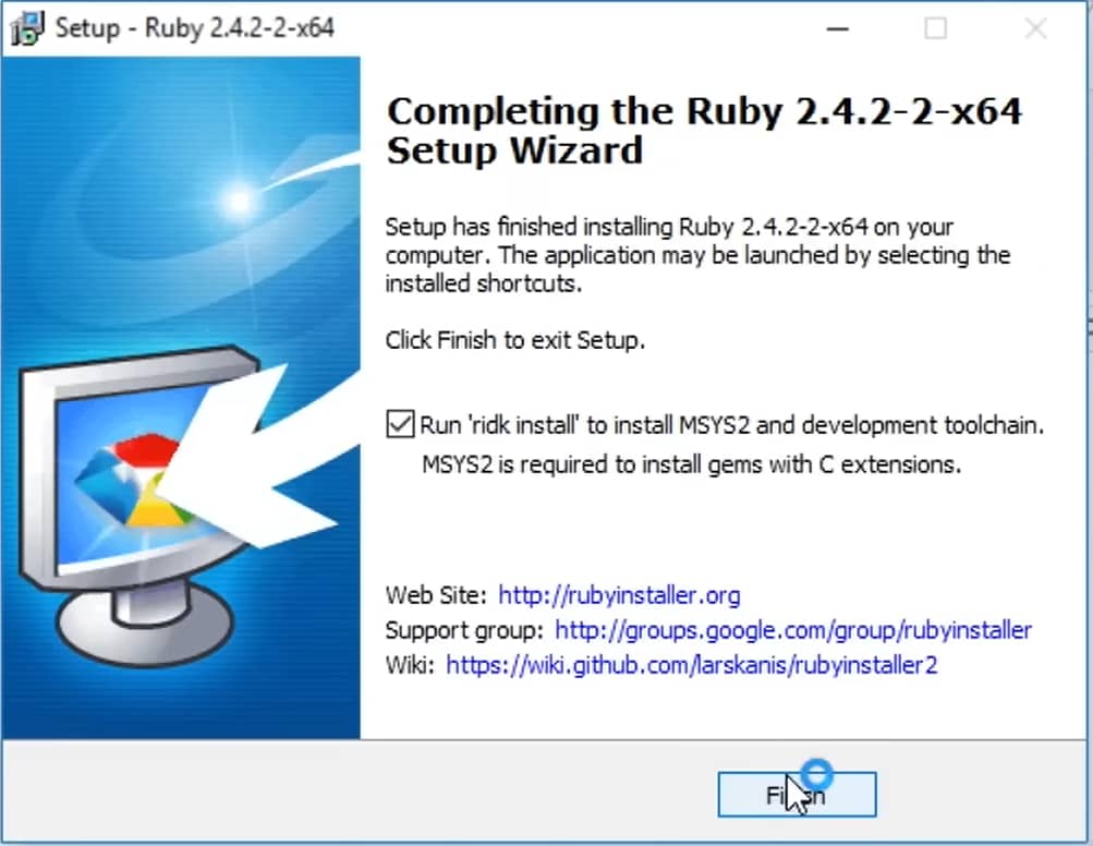 A dialog box from the Ruby installer on a computer screen