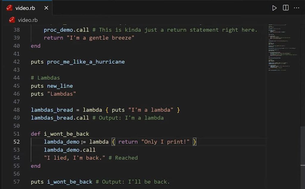 A Ruby script in Visual Studio Code, focusing on lambdas and procs