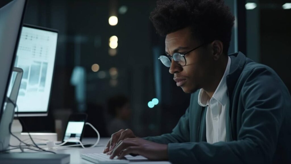 African american man working on computer