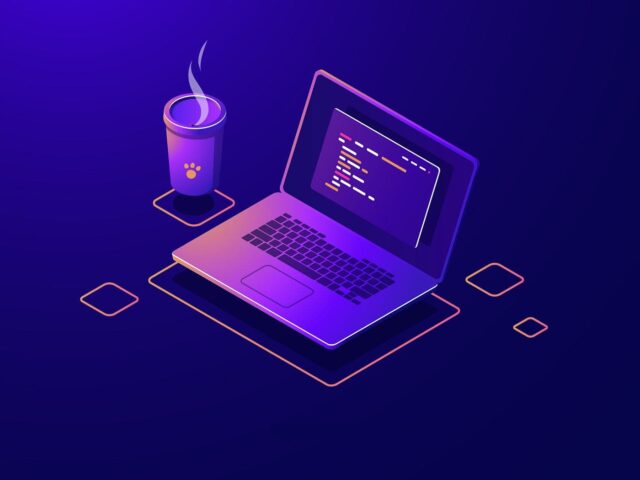 A laptop with a written code and a cup of coffee