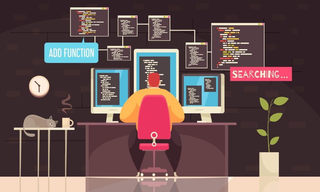 Animated man writing code on multiple screens