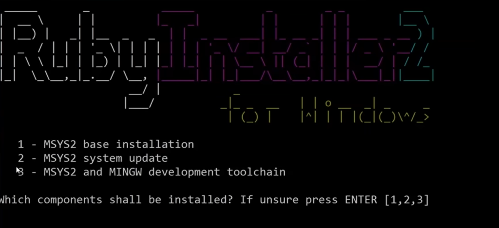 Text-based installation menu for Ruby with colorful ASCII art