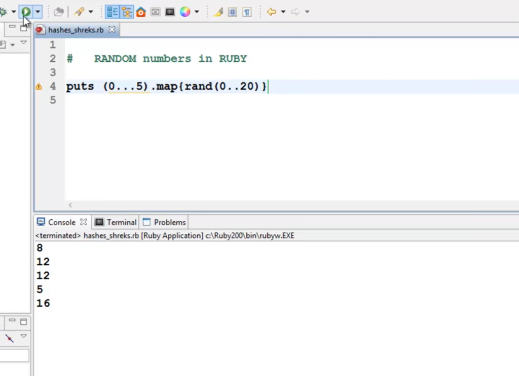 A Ruby script in an IDE generating random numbers, output shown below