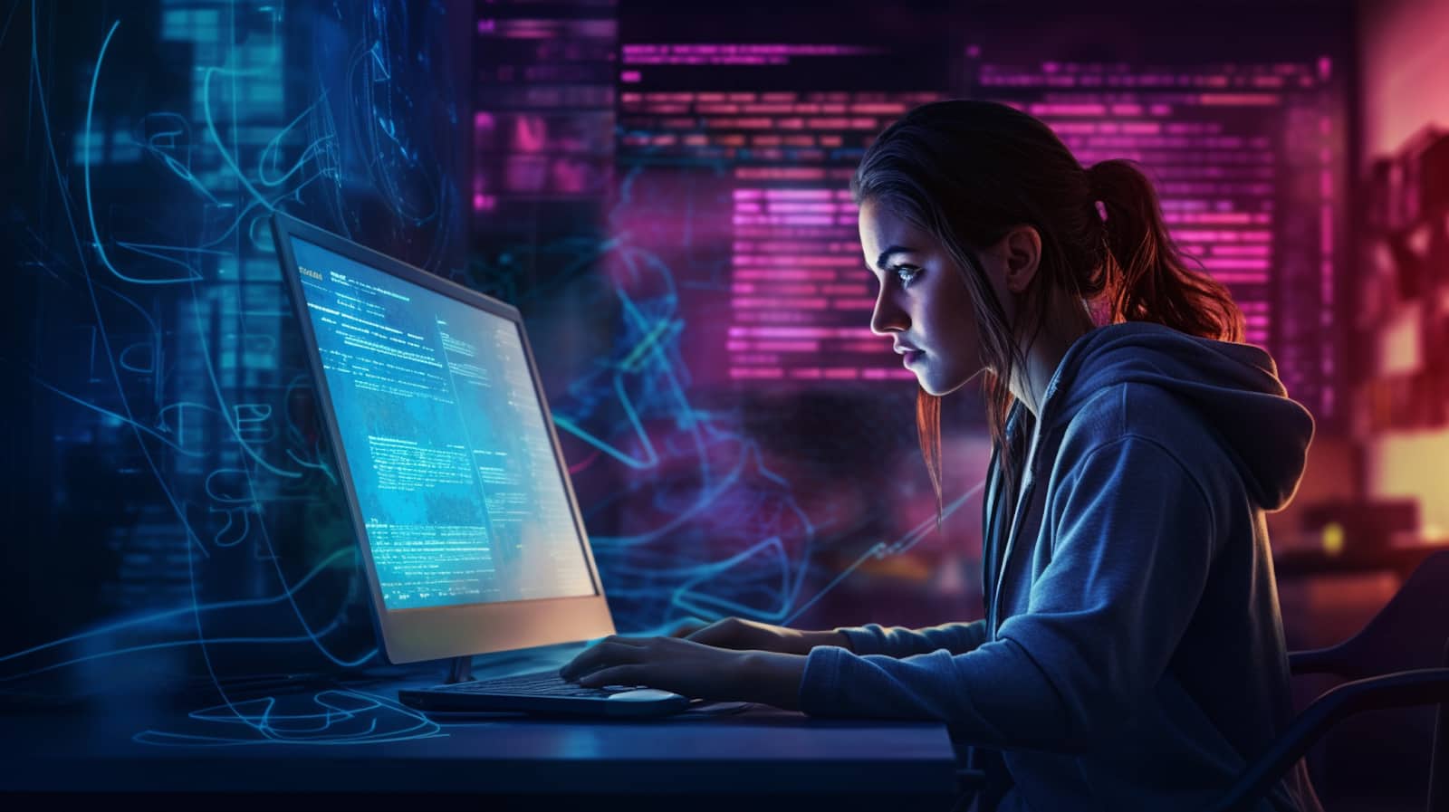 The girl does computer programming