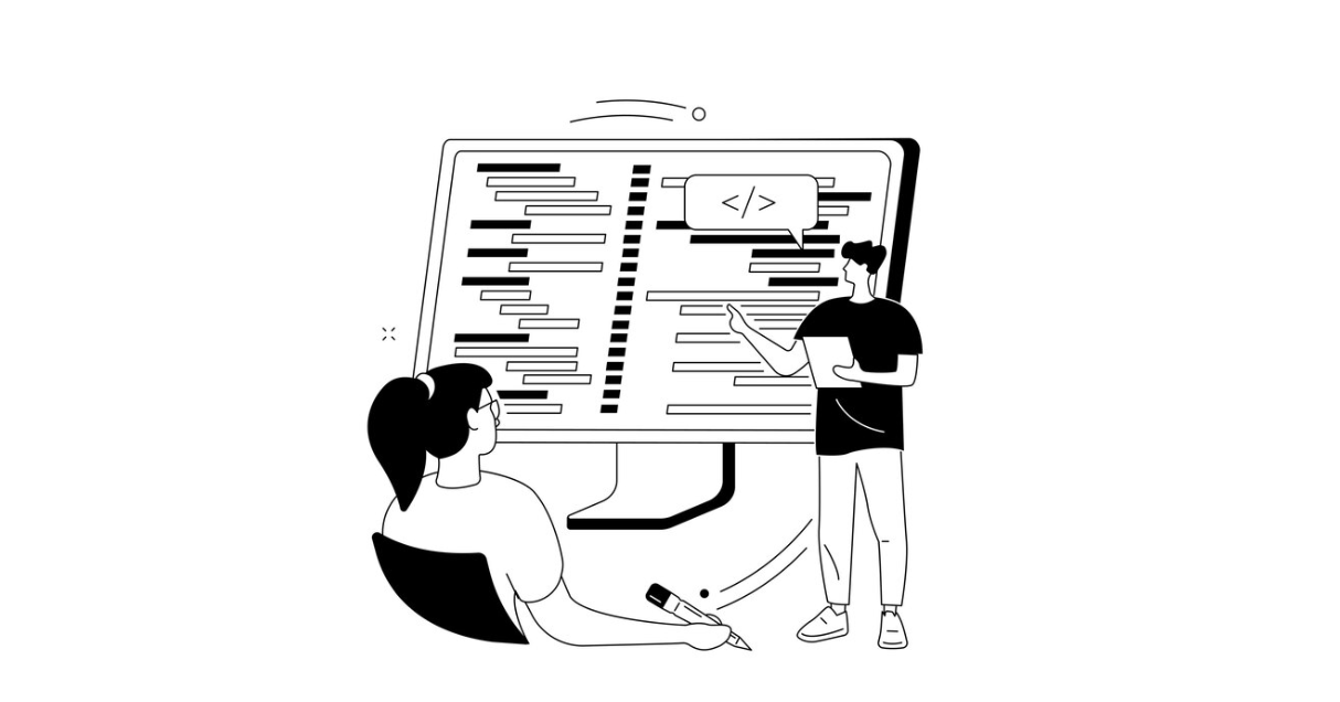 Two people are collaborating on a code project with a large monitor