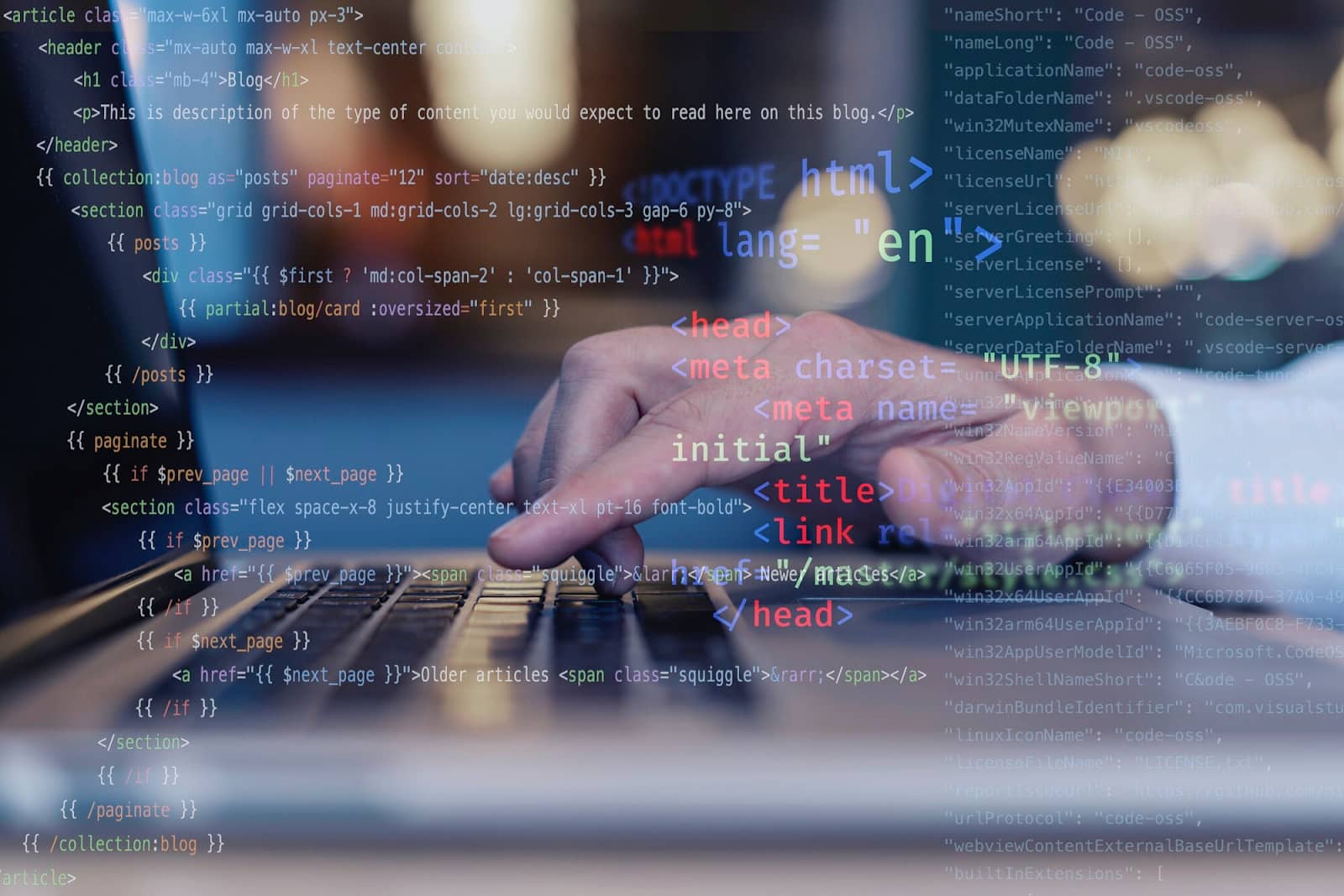A finger presses the keyboard, program code is in the foreground