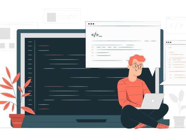 Animated man sitting near a computer