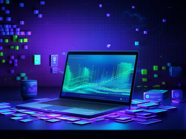 The laptop sits on a table under a neon light